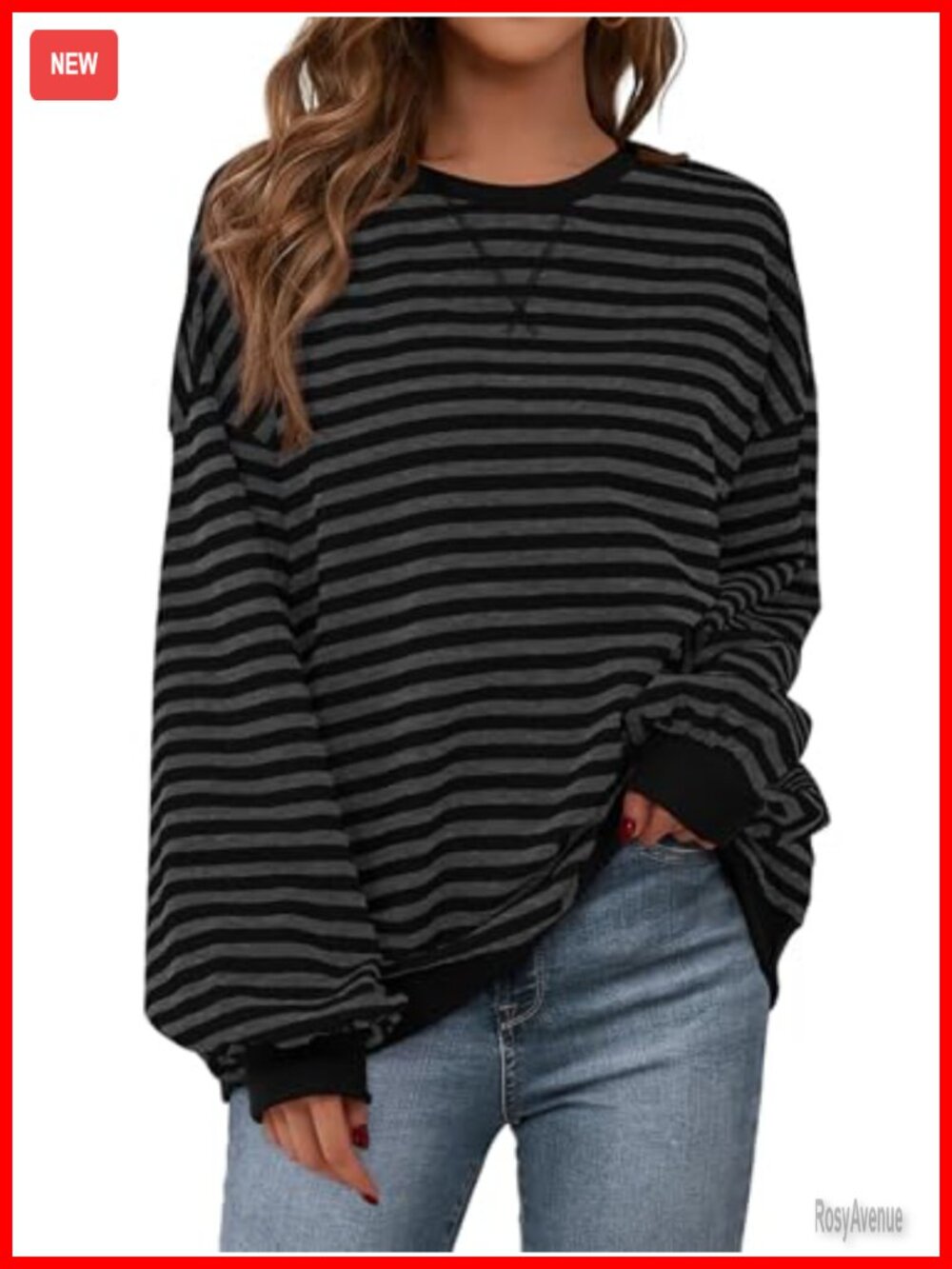 Womens Striped Oversized Sweatshirt Cotton Blend Crewneck Pullover